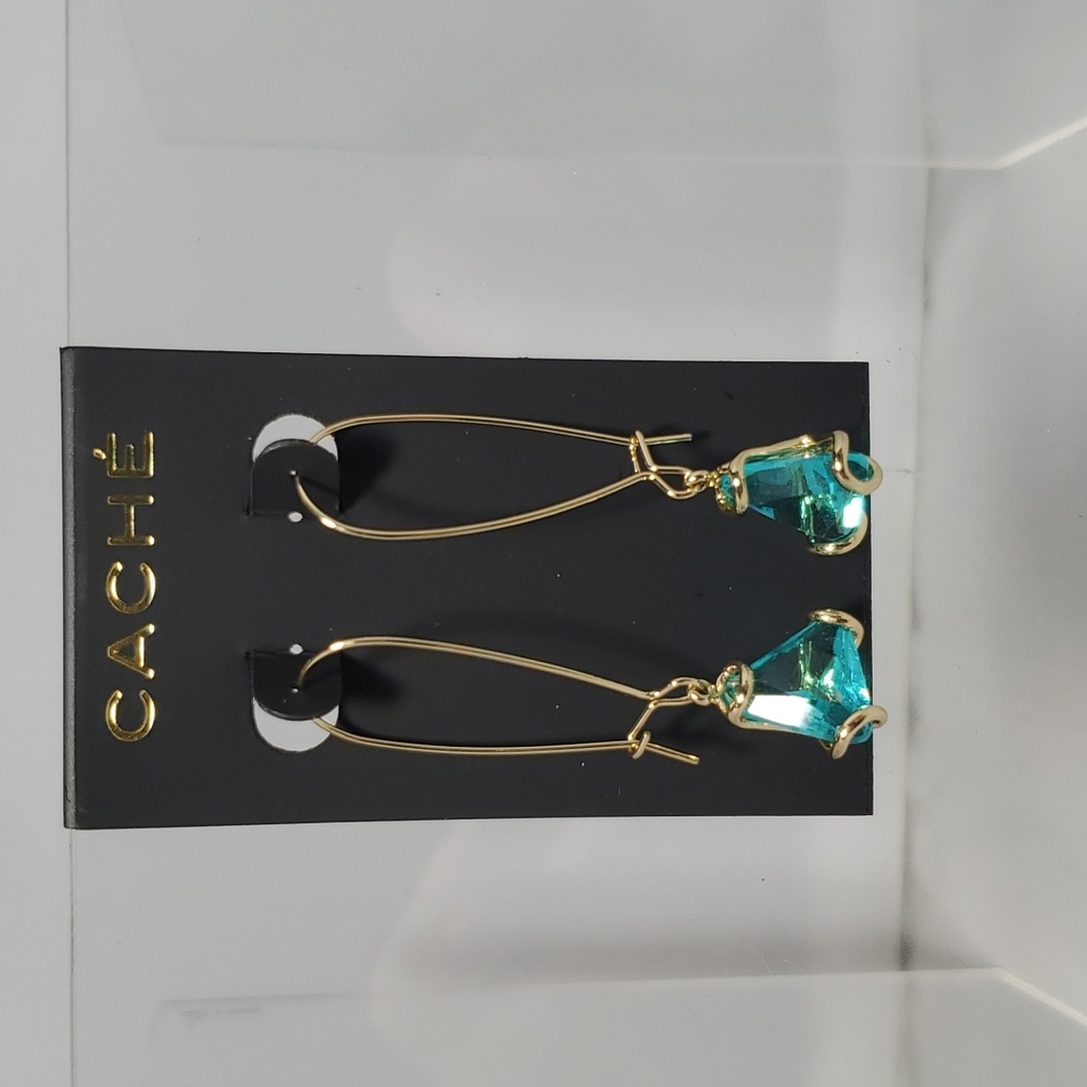 Cache Gold French Wire Aqua Stone Dangle Earrings – 2” Drop - Picture 2 of 4